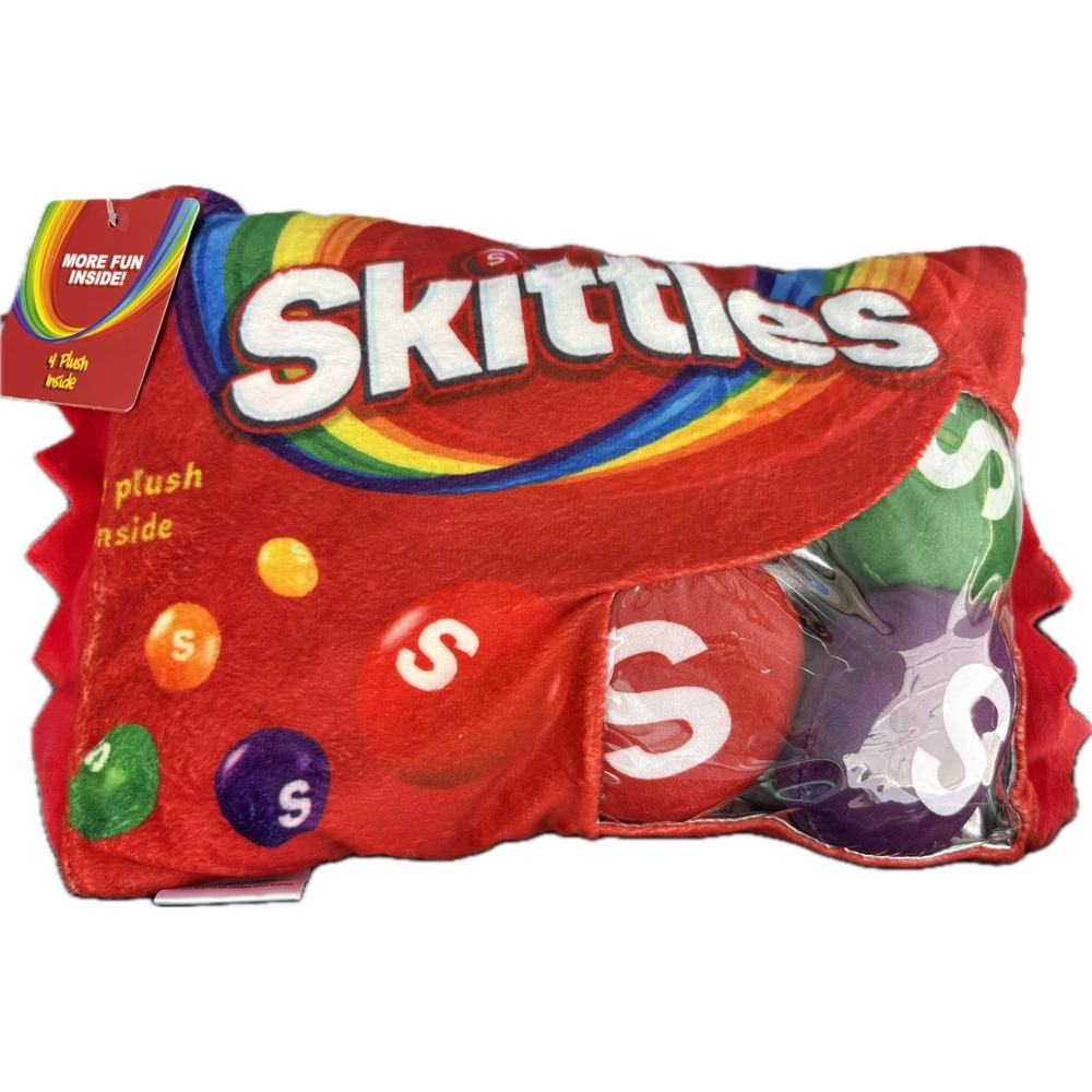 Skittles Candy Bag Plush Pillow with 4 Removable Plush Candies Inside Red NWT